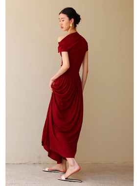 无有无印红色短袖长款大摆针织弹力收腰修身连衣裙24139