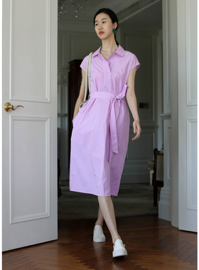 无有无印粉色棉质透气抗皱无袖衬衫通勤优雅收腰显瘦连衣裙23117