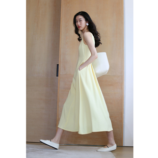 无有无印浅黄色醋酸大摆收腰显瘦中长款连衣裙25020