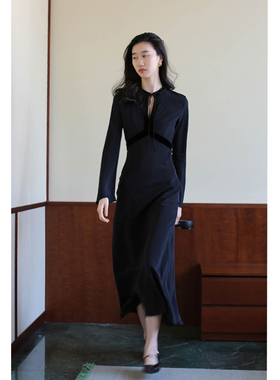 无有无印黑色真丝桑蚕丝22姆咪长袖圆领收腰显瘦长款连衣裙24154