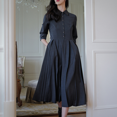 无有无印深灰色羊毛精纺质感长款大摆微宽松七分袖连衣裙M25124