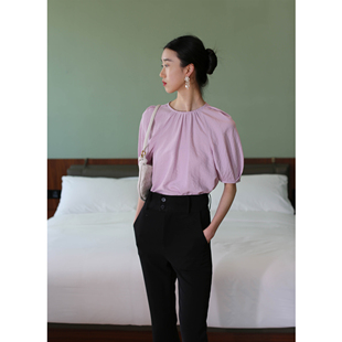 无有无印粉紫色真丝桑蚕丝干丝微微皱圆领短袖衬衫上衣25085