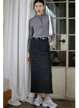 无有无印加厚时髦深灰色羊毛格子高腰显瘦开叉中长款半身裙23313