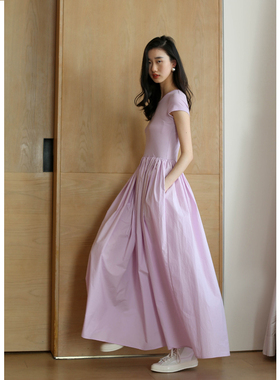 无有无印粉色短袖拼接棉质舒适透气长款da'b连衣裙24008