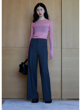 无有无印时髦粉色微透视长袖修身显瘦百搭羊毛圆领针织衫24043