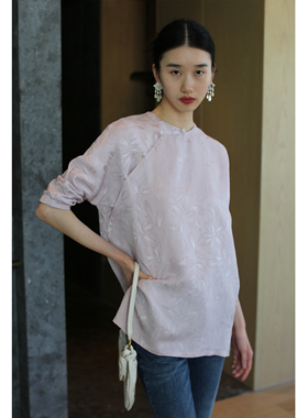 无有无印紫色长袖斜襟圆领宽松上衣旗袍25087