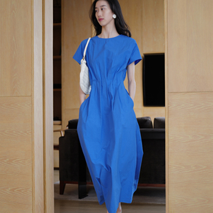 无有无印棉质克莱因蓝色圆领收腰长款 休息宽松通勤连衣裙M26010