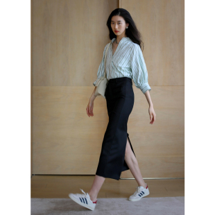 无有无印时髦水绿色宽条纹立领大泡泡袖 23091 百搭衬衫