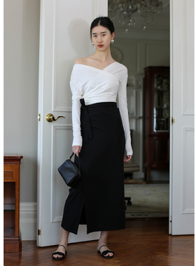 无有无印黑色一片式系带中长裹臀半身裙24019