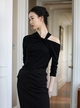 无有无印黑色显瘦羊毛混纺不规则领子优雅领两种穿法针织衫23376