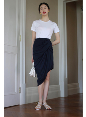 无有无印深蓝色三醋酸针织时髦不对称褶皱百搭舒适半身裙22101