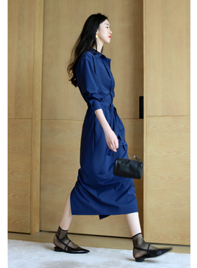 蓝色精纺羊毛亲肤可机洗百搭后开叉显瘦半身裙23321