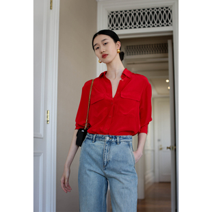 无有无印红色桑蚕丝真丝通勤优雅时髦休闲宽松衬衫 23101