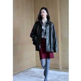 无有无印时髦黑色柔软宽松POLO领中长款 外套皮衣24275