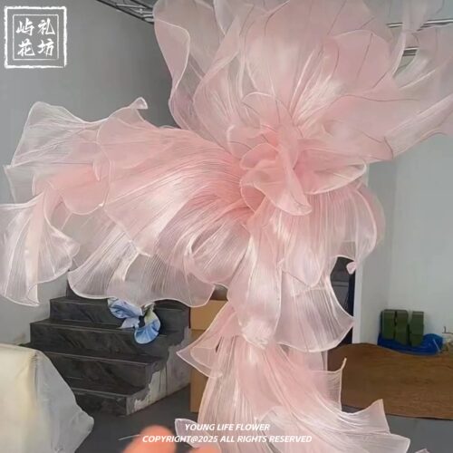 粉色真丝大花仿真花艺美陈纱花