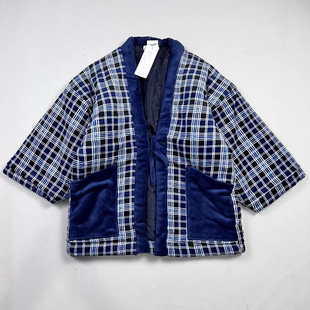 日单男女式秋冬纯色格子夹棉外套棉服道袍系带和风居家棉袄保暖
