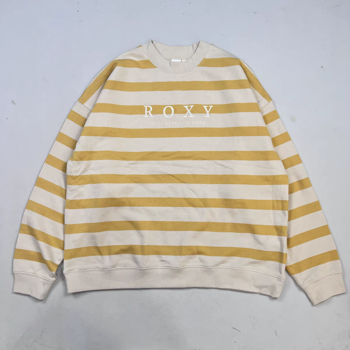 日单roxy女士春秋薄抓绒毛圈圆领长袖条纹卫衣宽松休闲上衣百搭