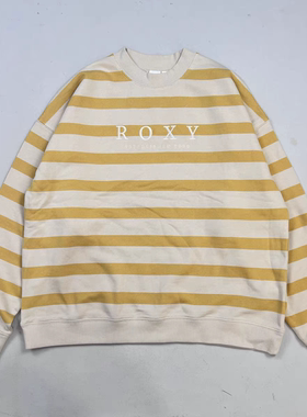 日单roxy女士春秋薄抓绒毛圈圆领长袖条纹卫衣宽松休闲上衣百搭
