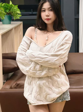 DaLian 滑落领*心机大斜领中长款毛衣女慵懒风露肩宽松大码针织衫