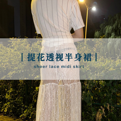 LianJie's 本阶版*无内衬蕾丝透感半身裙高弹白色性感外搭长裙夏
