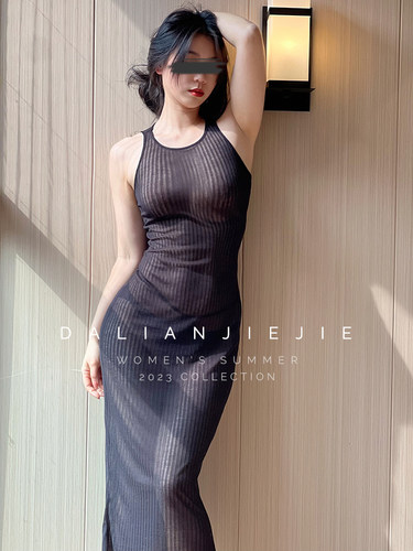 杨柳婵#夏晚散步裙 面料超柔性感透视包臀连衣裙黑色大码无袖长裙