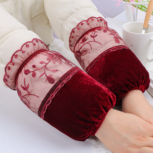冬季金丝绒短款袖套女士防污袖头羽绒服蕾丝套袖红色上班干活防脏