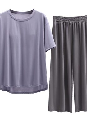 女薄款夏季带胸垫一体式防凸点可外穿短袖七分裤凉感家居服套装