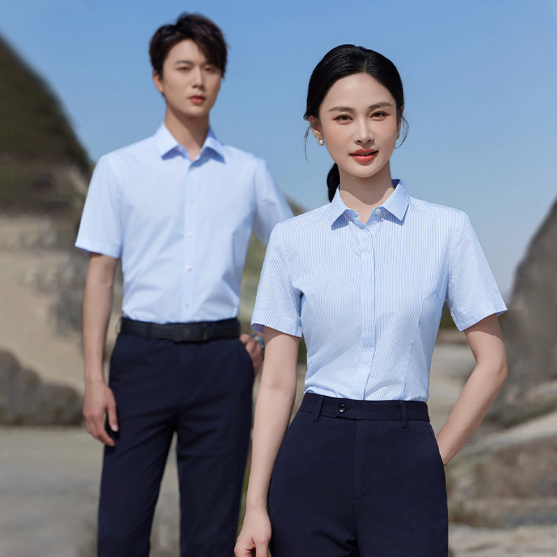 职业衬衫女高级感纯棉短袖上衣夏定制logo工作服免烫气质条纹衬衣图片