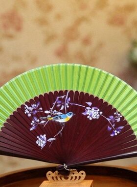 精品喷绘高档头青扇骨礼品扇子*旗袍走秀折叠扇舞蹈折扇旗袍女扇