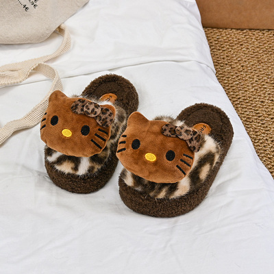 女童居家保暖毛毛拖鞋2025冬季新款可爱kt猫卡通玩偶棉拖鞋包头拖