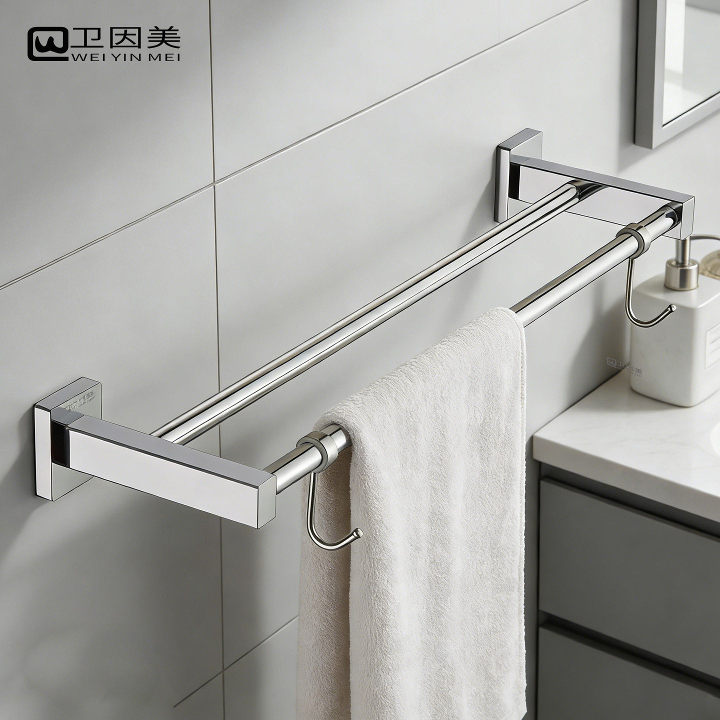 全铜双杆毛巾架浴室挂架浴巾架卫生间五金挂件不锈钢色免打孔