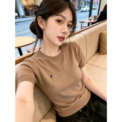 焦糖色小马刺绣修身短袖T恤女夏