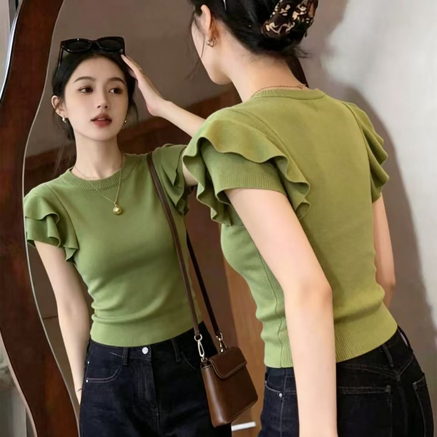 韩系绿色荷叶边圆领短袖针织衫女图片