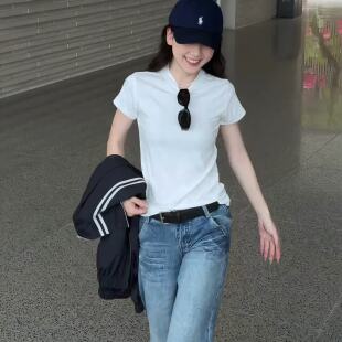 t恤女夏季 百搭正肩短袖 纯欲风修身 上衣 甜辣休闲修身 短款 新款 韩版