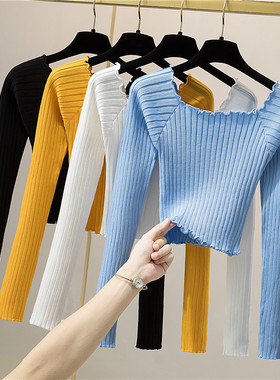 小心机木耳边高腰一字领露肩针织打底衫t恤女韩版锁骨上衣显瘦潮