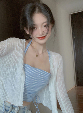 白色冰丝薄款防晒罩衫女夏季针织开衫外搭短款上衣披肩空调衫外套