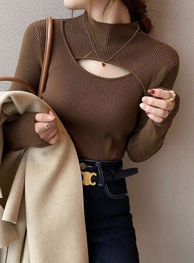 半高领镂空小心机针织打底衫上衣女早秋季新款修身内搭设计感毛