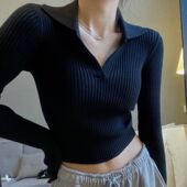 辣妹短款 秋冬季 polo领上衣女 v领针织打底衫 内搭修身 2024新款 长袖