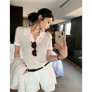 老钱风v领短袖t恤女夏季韩系穿搭修身polo翻领针织衫休闲正肩上衣