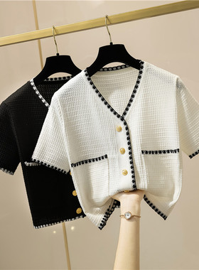 2025夏季新款V领短袖女名媛气质短款针织开衫薄款外套编织上衣