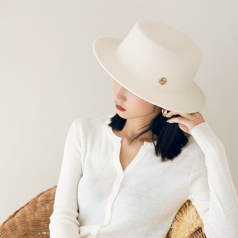 网红礼帽女英伦复古平顶羊毛呢帽子气质名媛法式平沿百搭秋季时尚