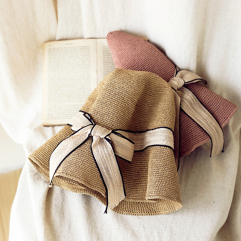 草帽女夏天细密钩针可折叠太阳帽蝴蝶结凉帽遮阳帽海边度假沙滩帽