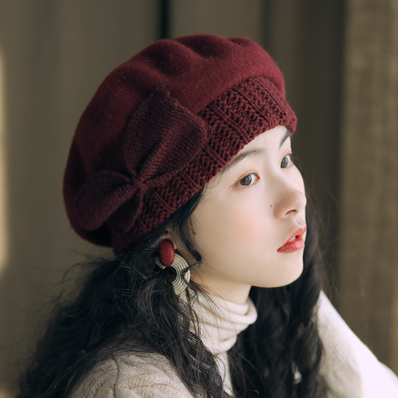 贝雷帽女秋冬季休闲针织毛呢拼接画家帽蝴蝶结复古蓓蕾帽子围巾
