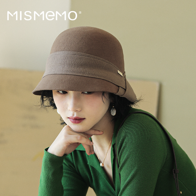 MISMEMO羊毛盆帽女秋冬季休闲百搭小沿渔夫帽优雅毛呢毡帽