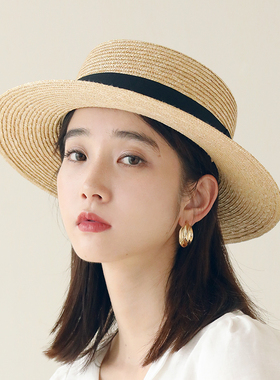 网红平顶草帽女夏天百搭麦秆草编平沿礼帽日系时尚度假防晒遮阳帽