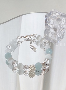 纯银天然海蓝宝白水晶原创设计女