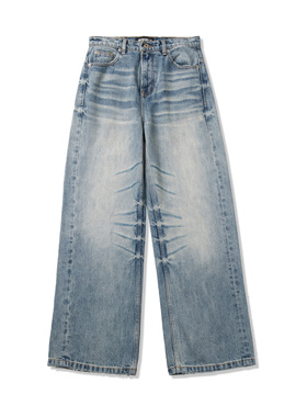 WENFENG LI 25AW 冰川爆裂纹猫须竹节棉A字直筒浅蓝水洗牛仔裤子