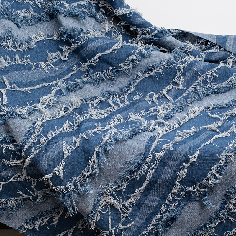 毛边拼色流苏水洗牛仔布料面料高档厚款diy外套服装设计师面料