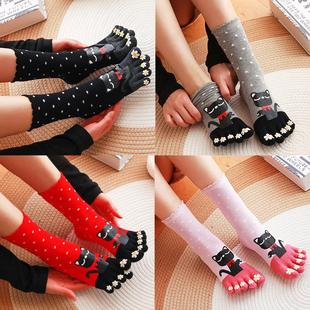 秋冬纯棉五指袜女全棉五趾袜招财猫中筒可爱分脚趾100%正品红袜子