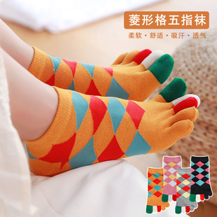 菱形格纯棉五指袜女短筒英华风潮流分脚趾袜吸汗防臭四季全棉袜子